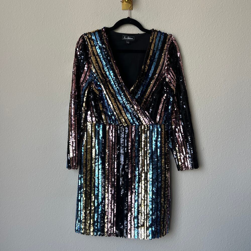 Sam Edelman Long Sleeve Multicolor Sequin Stripe Wrap Mini Dress Size 2 - Picture 2 of 6